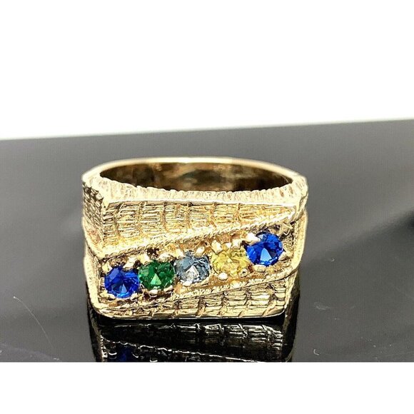 Statement Ring 10k Yellow Gold Cubic Zirconia Multi Color Gemstone Unisex Size 7 - Picture 1 of 14